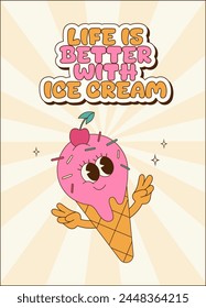 Retro groovy poster, card, banner with cute ice cream character. Cartoon mascot. Perfect for cafe and delivery. 
