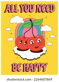 Retro groovy poster with cherry on rainbow background, clouds, yellow background. Trendy cartoon retro 60s 70s style. Postcard, print.Vector