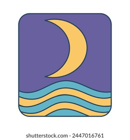 Retro groovy poster. Crescent moon and colorful waves in 60s, 70s style. Minimalistic old-fashioned art design.