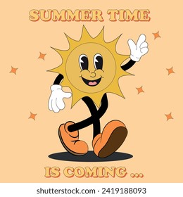 Retro groovy Poster with cute character The sun. Cartoon isolated funny comic character The sun. Retro hippie badges collection