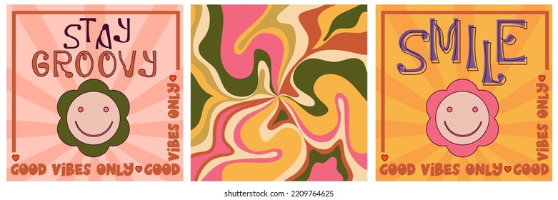 Retro groovy poster set, hippy design 70s. Modern groovy poster with flower and wave. Retro 60s 70s psychedelic pattern. Vintage floral background