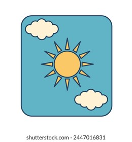 Afiche retro y estupendo. Sol y nubes en estilo años 60, 70. Diseño artístico minimalista a la antigua.