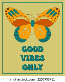 Retro groovy posters 60s 70s with groovy butterfly for cards, stickers or poster design. Typography slogan