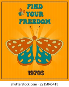 Retro groovy posters 60s 70s with groovy butterfly for cards, stickers or poster design. Typography slogan