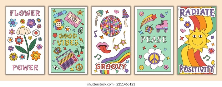 Afiches retro groovy. Flores y setas de camomila y margarita, pancartas hippies psicodélicas. Colección de energía de amor de los años 70, sol de verano y tarjetas del corazón. Impresiones de buena vibración de dibujos animados