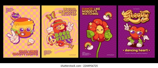 Los afiches retro groovy están diseñados al estilo de los años 70. Banderas psicodélicas con personajes hippies lindos, flor divertida, corazón, mariposa y señal de paz, ilustración vectorial en estilo contemporáneo