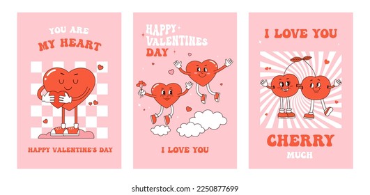 Retro groovy posters. Hippy Love concept. Happy Valentines day greeting card in trendy retro 60s 70s cartoon style. Vector illustration in pink RED colors. Card, postcard, print.