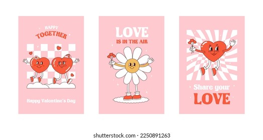 Retro groovy posters. Hippy Love concept. Happy Valentines day greeting card in trendy retro 60s 70s cartoon style. Vector illustration in pink RED colors. Card, postcard, print.