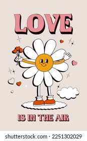 Retro groovy posters. Hippy Love concept. Happy Valentines day greeting card in trendy retro 60s 70s cartoon style. Vector illustration in pink RED colors. Card, postcard, print.