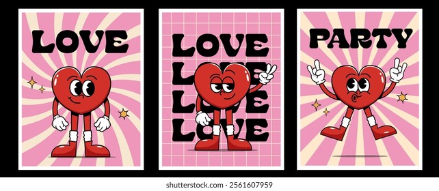 Retro groovy posters. Hippy Love concept. Happy Valentines day greeting card in trendy retro 60s 70s cartoon style. Card, postcard, print