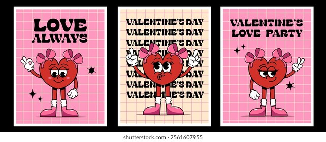 Retro groovy posters. love always, Valentine's love party,Happy Valentine's Day. Greeting card in trendy retro 60s 70s cartoon style. Card, postcard, print