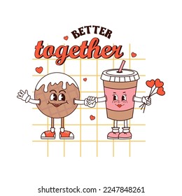 Retro groovy posters. Love concept. Happy Valentines day greeting card in trendy retro 60s 70s cartoon style. Vector illustration in pink YELLOW colors. Card, postcard, print
