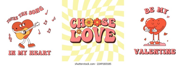Retro groovy posters. Love concept. Happy Valentines day greeting card in trendy retro 60s 70s cartoon style. Vector illustration in pink YELLOW colors. Card, postcard, print