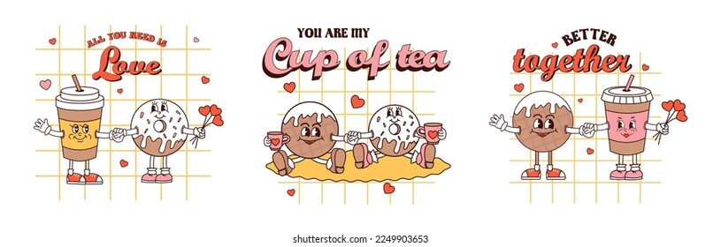 Retro groovy posters. Love concept. Happy Valentines day greeting card in trendy retro 60s 70s cartoon style. Vector illustration in pink YELLOW colors. Card, postcard, print