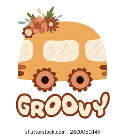 Retro groovy pre-made print. Retro clipart, groovy car, hand drawn vector illustration in flat style.