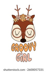 Retro groovy pre-made print. Retro deer clipart, groovy hand drawn vector illustration in flat style.