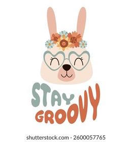 Retro groovy pre-made print. Retro rabbit clipart, groovy hand drawn vector illustration in flat style.
