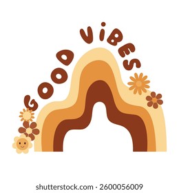 Retro groovy pre-made print. Retro rainbow clipart, groovy hand drawn vector illustration in flat style.