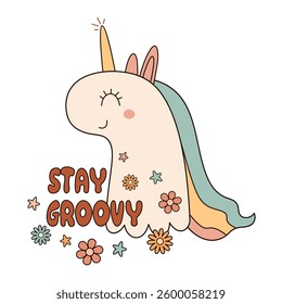 Retro groovy pre-made print. Retro unicorn clipart, groovy hand drawn vector illustration in flat style.