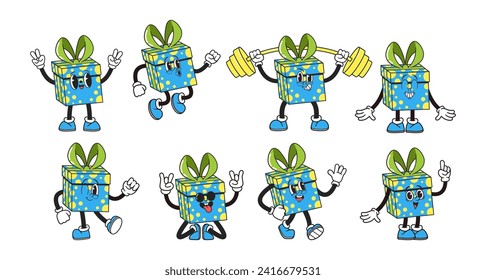 Retro Groovy Present Box Character Emoji. Vibrant, Dancing and Exercising Gift Box With Psychedelic Patterns