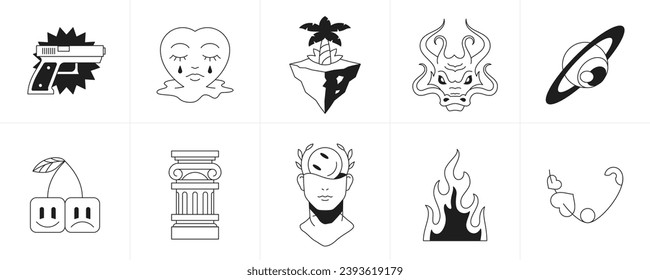 Dibujo vectorial de los personajes de dibujos animados psicodélicos retro y elementos monocromos de línea conjunto ilustración vectorial. Surreal trendy funky pistola escultura isla árbol de palma dragón planeta cereza corazón fuego pin