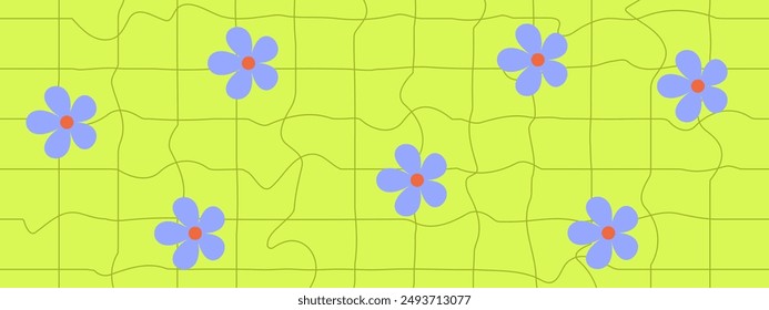 Retro groovy psychedelic checkered background with flowers in vintage style. Vector illustration.