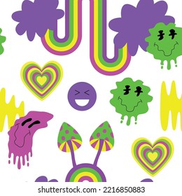 Retro groovy psychedelic pattern. 60s, 70s, 80s aesthetic. Acid colors. Y2k. Rainbows, mushrooms, cute smile faces. Seamless pattern.