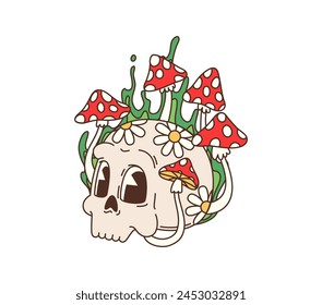 Calavera psicodélica de estilo retro adornada con setas amanita y Elementos y símbolos de margaritas. Cráneo humano surrealista de Vector aislado en estilo hippie o trippy vintage que combina la vida y la muerte en la naturaleza