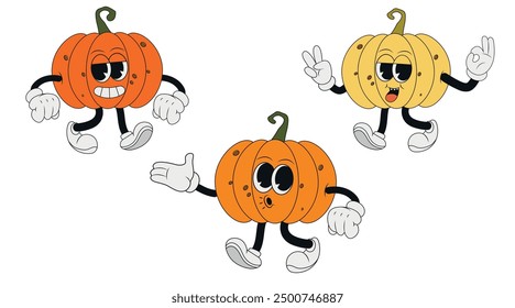 Retro groovige Kürbis Figuren für Halloween gesetzt. Trendy groovy Cartoon Illustration Stil. Vektorgrafik für Happy Halloween.