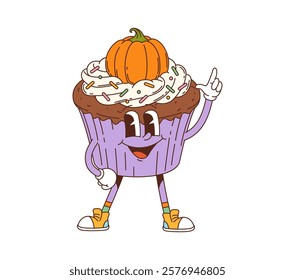 Retro groovy pumpkin cupcake dessert character. Takeaway sweet dessert brownie 60s 70s funky isolated vector mascot, cafe Halloween cupcake with pumpkin cute character or Autumn pastry funny personage