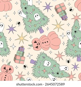 Retro Groovy Pumpkin Snowmen, Christmas Tree with Sheet Ghosts, and Holiday Presents Halloween Christmas mix vector Seamless Pattern. Great for alternative festive wrapping paper, quirky seasonal