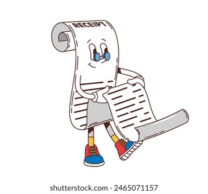 Retro groovy purchase receipt character. Isolated vector playful y2k paper scroll personage with big eyes, eyeglasses and sneakers looking at long printout. Finance bill, shopping check, business docs