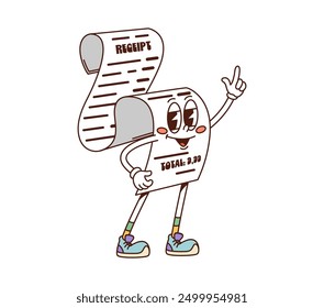 Retro groovy purchase receipt finance character. Isolated vector playful y2k total price paper scroll, financial bill, shopping check personage with big eyes and sneakers flashing pointing gesture