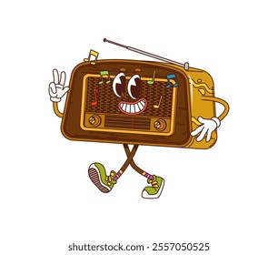 Retro groovy radio receiver character. Isolated cartoon vector vintage technology personage with nostalgic 60s vibes. Funky accessory exuding upbeat energy. Gleeful old radio with smile and antennae