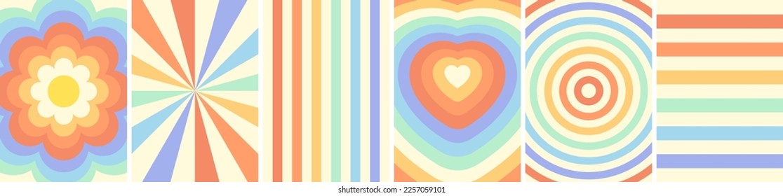 Retro groovy rainbow art background set. Psychedelic hippie style colorful swirl and waves poster collection. Vintage hippy flower and heart abstract banners. Trendy y2k pop culture bright geometric