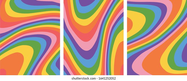 Retro Groovy rainbow background template set,vector