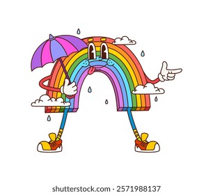 Retro groovy rainbow character with umbrella. Isolated cartoon vector joyful, colorful, vibrant heavenly arch personage, radiating carefree spirit of 1960s aesthetics and rainy cloudy weather forecast