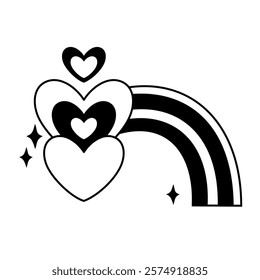 Retro groovy rainbow clipart. Black and white rainbow doodle. Valentines day clipart. Valentine rainbow in cartoon flat style. Hand draw vector illustration