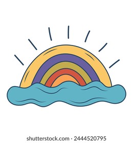 Retro groovy rainbow with cloud. Colorful cartoon psychedelic 60s, 70s style. Minimalistic old-fashioned art design.