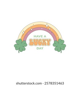 Retro groovy rainbow with clover leaves, vector illustration. St Patrick's Day design element for card, poster, sticker and more.