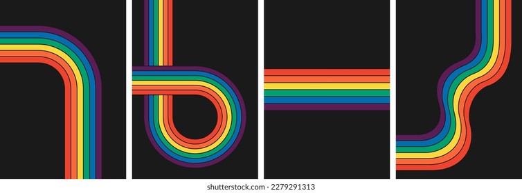 Retro groovy rainbow color striped background set. Geometric hippie rainbows line collection. Vintage hippy style various abstract iridescent stripes. Trendy minimalistic y2k colorful artwork posters