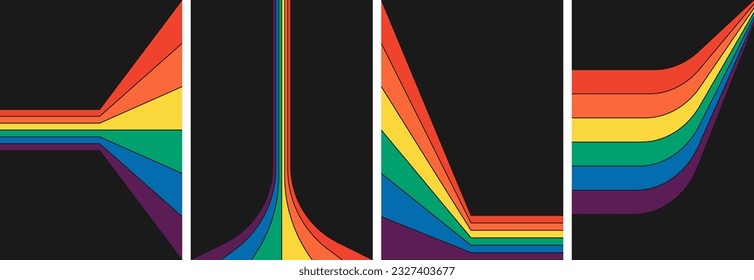 Retro groovy Regenbogen Farbe gestreiften Hintergrund Set. Geometrischer Nilpferd-Regenbogen-Pfad auf Plakaten. Vintage Hippy Stil verschiedene abstrakte irisierende Streifen. Trendy minimalistische y2k-Vektorgrafik