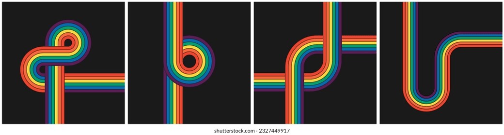 Retro Groovy Regenbogen Farbe gestreifte quadratische Plakatset. Geometrische Hippie-Regenbogen-Kollektion. Vintage Hippy Stil verschiedene abstrakte irisierende Streifen. Trendy minimale y2k farbige Zeichenüberzüge