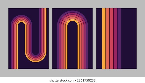 Retro groovy rainbow color striped background set. Vintage hippy style various abstract iridescent stripes. Trendy minimalistic y2k colourful artwork posters