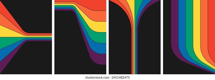 Retro groovy rainbow color striped poster. Geometric hippie rainbows path on prints. Vintage hippy style various abstract iridescent flow stripes. Trendy minimalistic y2k colourful spectrum vector art