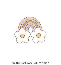 Retro groovy rainbow with daisy florals vector illustration. Flower Power aesthetic design element for planner, sticker, scrapbook, poster, card , pattern, tee shirt