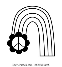 Retro groovy rainbow doodle, black and white isolated seasonal object. Hand drawn vector illustration in flat style.