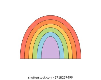 Arco iris groovy retro en pegatina de estilo plano. Forma de arco colorido y patrón de pegatina con fondo de curva y2k. Gráfico moderno juguetón para una decoración pop o Fondo de pantalla artístico contemporáneo.