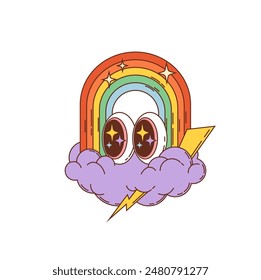 Retro groovy rainbow with lightning. Isolated cartoon vector vibrant, friendly rainbow personage emerging from a cloud with big, starry eyes and a flash bolt. Vintage cheerful, colorful y2k personage