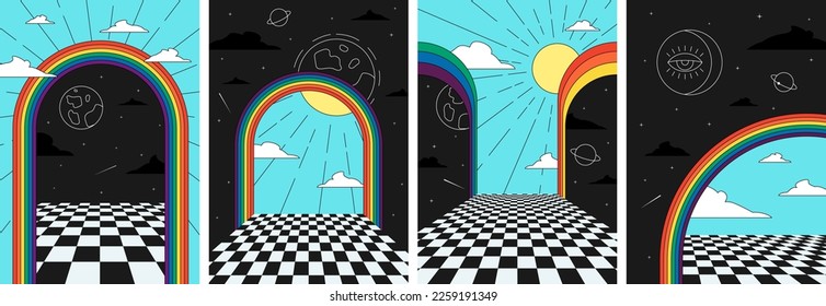 Retro groovy rainbow in space art poster set. Hippie style sun and moon in surreal cosmic arch prints. Vintage boho universe in abstract doorway banners. Trendy y2k pop culture imaginary eps placards